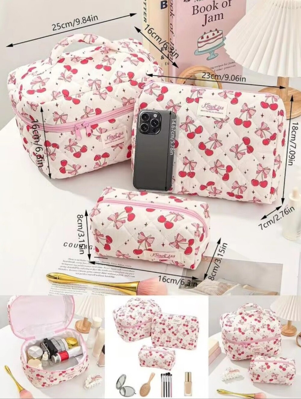 Pink Quilted Cherry Bow Makeup Bag Set Large Travel Cosmetic Organizer